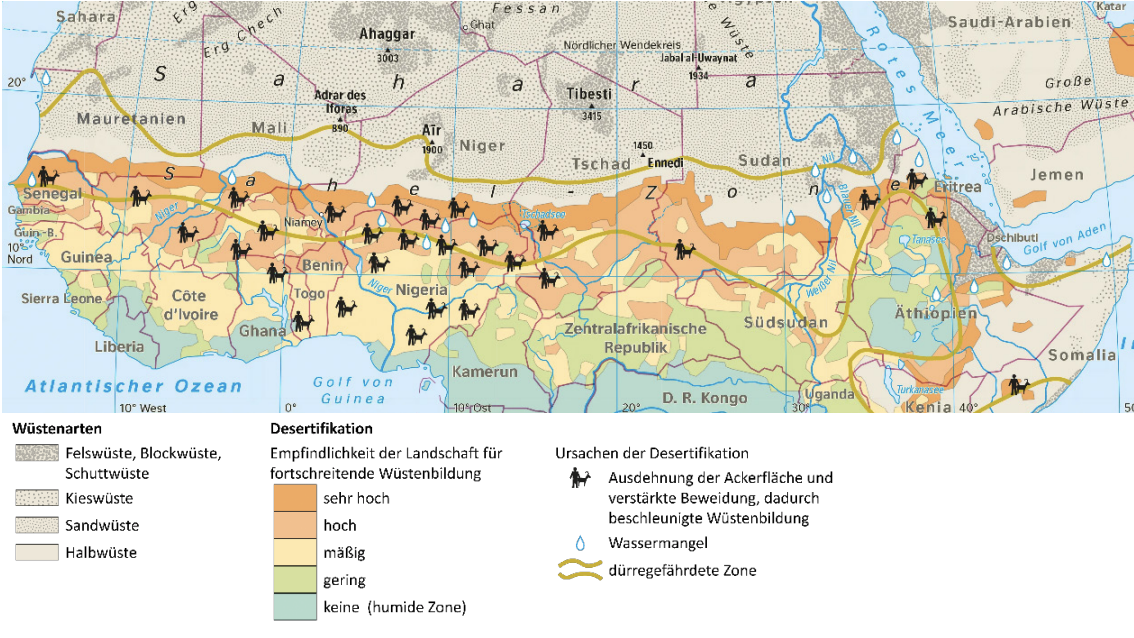 Karte zur Desertifikation in Afrika mit Wüstenzonen und Ursachen der Wüstenbildung.